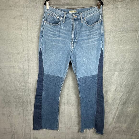 Madewell Denim - Madewell X ISKO Jeans Women 30 Blue Patchwork Flare Raw Hem Boho Festival Hippie
